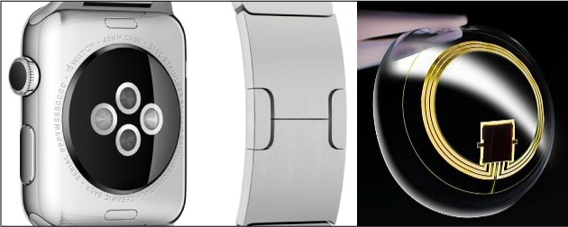 アップルの「Apple Watch」（左）、STマイクロエレクトロニクスの緑内障診断用コンタクトレンズの図
