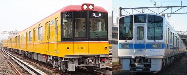 東京メトロ銀座線の「1000系」（左）と、小田急線のリニューアルした「1000形」（右）