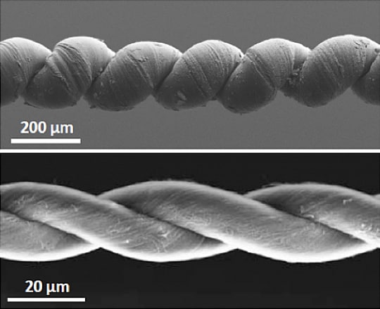 カーボンナノチューブを撚って作った人工筋肉。温度変化によって伸縮する。