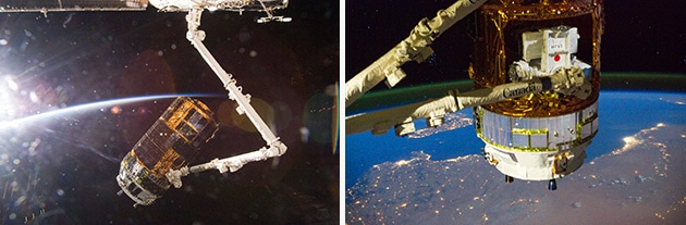 左：ISSのロボットアーム（SSRMS）に把持されたHTV3（こうのとり3号機）　右：HTV3（こうのとり3号機）のむきだしになった曝露パレットの写真