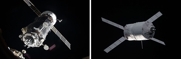 左：ISSに接近するロシアのプログレス補給船　右：ドッキングに向けISSに接近するATV（欧州補給機）3号機の写真