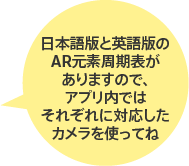 日本語版と英語版のAR元素周期表がありますので、アプリ内ではそれぞれに対応したカメラを使ってね