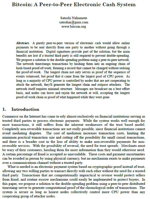 Satoshi Nakamoto 氏が書いた「Bitcoin: A Peer-to-Peer Electronic Cash System」