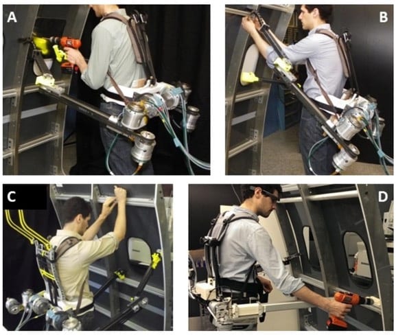 MITが開発したSRL（背中に装着するロボットアーム）を使った航空機の組み立て作業