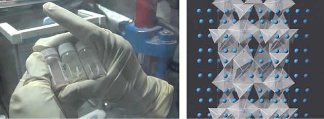 東京工業大学とトヨタ自動車が発見した酸化物系固体電解質「LGPS」（左）、結晶構造中をリチウムイオンが移動していることを示す模式図（右）