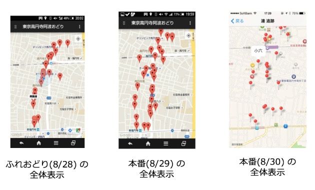 阿波おどりの連にビーコンをつけて、動いている対象からも通知を発信できることを確認の図