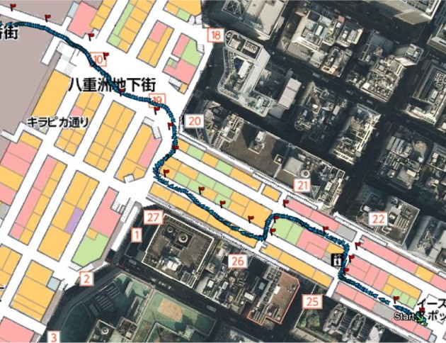 GPS電波の入らない東京駅前の八重洲地下街で歩行軌跡を描く図