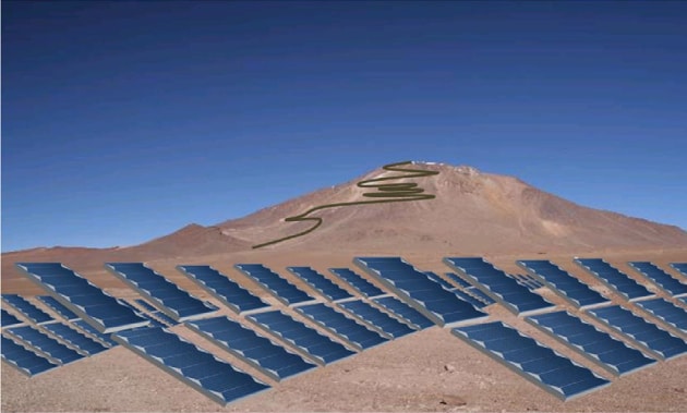 アタカマ砂漠に展開する5MW級太陽光発電施設の想像図
