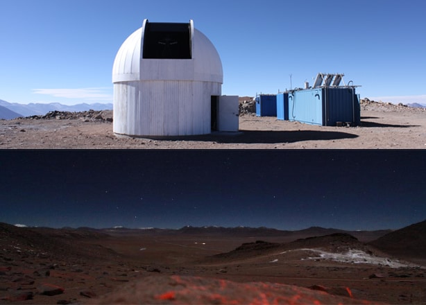 [写真/上] mini-TAO望遠鏡ドーム全景とチャナントール山の山頂 / [写真/下] チリ・アタカマの位置