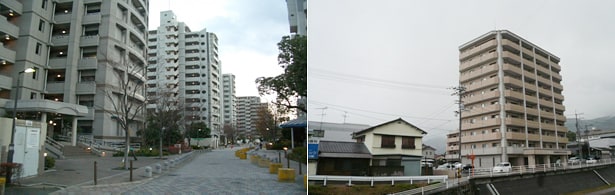 左の大都市圏で中高層住宅が立ち並び同じ行動パターンの人が住むタイプより、右の地方都市の中高層、低層混在型住宅地タイプの様々な行動タイプの人が混在して住んでいる方が世帯当たりの余剰電力活用可能量が高い。