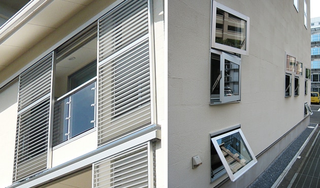左：日射と通風を調整する可動式ルーバー 右：センサーが捉えた風向きの状況に応じて、窓が自動開閉されるように設計された採風窓