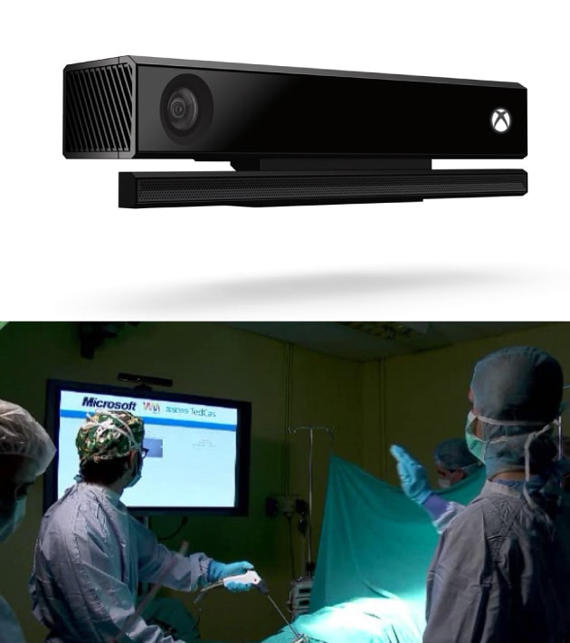 （上）Kinectの本体、（下）手術室での患者情報の閲覧の図
