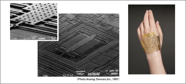 アナログ・デバイセズのMEMSで作った加速度センサーの例（左）、東京大学が開発した有機エレクトロニクスで作ったフレキシブルなセンサーの図