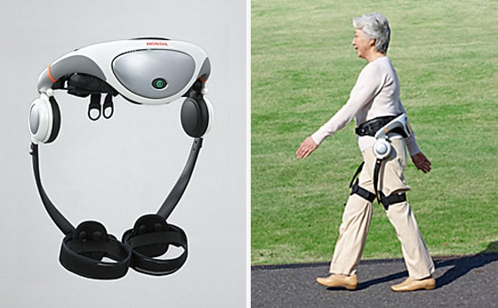左:ホンダの「リズム歩行アシスト」の写真 右:リズム歩行アシストを装着して歩いている様子の写真