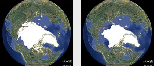 1979年9月(左)と2001年9月(右)の北極海の海氷の様子の写真