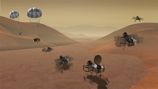 土星の衛星タイタンにドローンを送り込む、Dragonfly計画のイメージ。