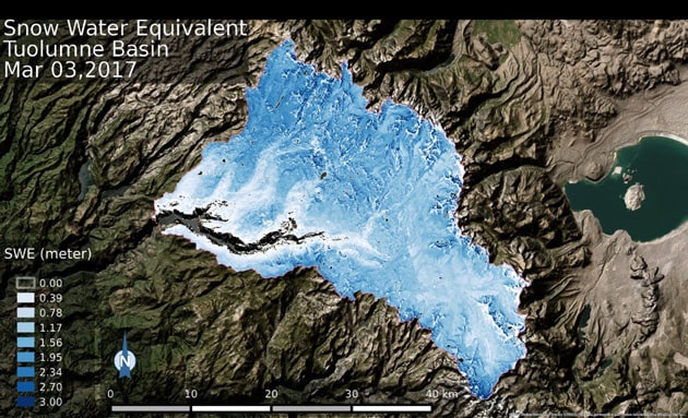 パルスレーザーを用いて観測された、シェラネバダ山脈の積雪。雪の状態も分析することで雪解けのタイミングも推定できる。