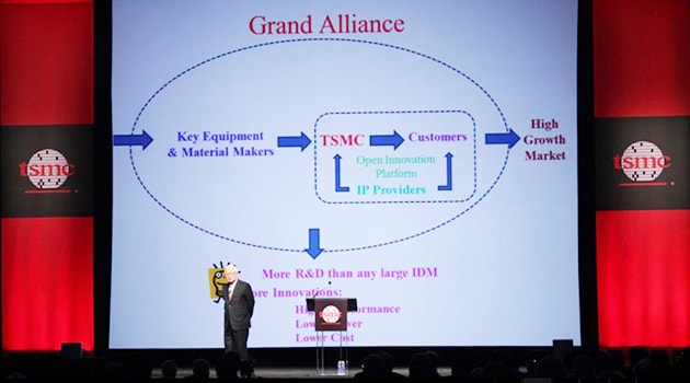 TSMCの開発支援エコシステム「OIP」のコンセプトを発表するMorris Chang氏