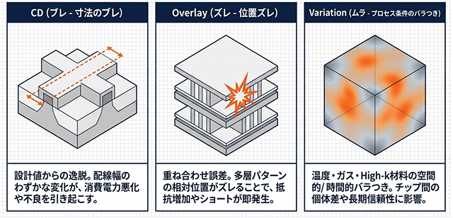 半導体の製造プロセスの中で発生する品質・歩留まり低下につながるブレ・ズレ・ムラの例