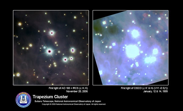 188素子の補償光学系による画像（左）。同じ領域を撮影した従来の画像（右）の写真